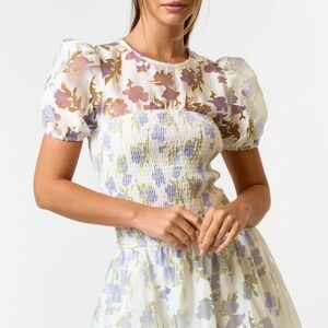 Floral Organza Puffy Sleeved Smoked Mini Dress